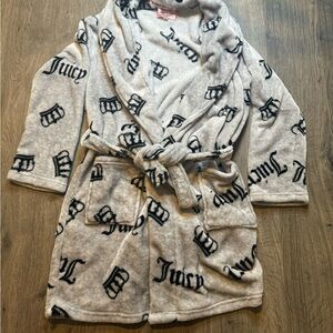 Juicy Couture Plush Fleece Robe L/XL Gray Black Crown Logo Print Belted Soft
